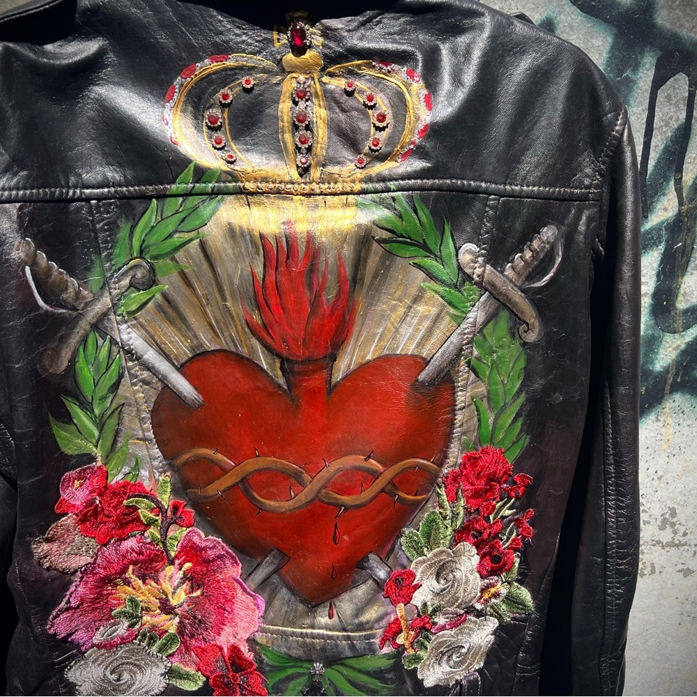 Iconic Sacred Heart Painted Leather Jacket L - Picture 3 of 16